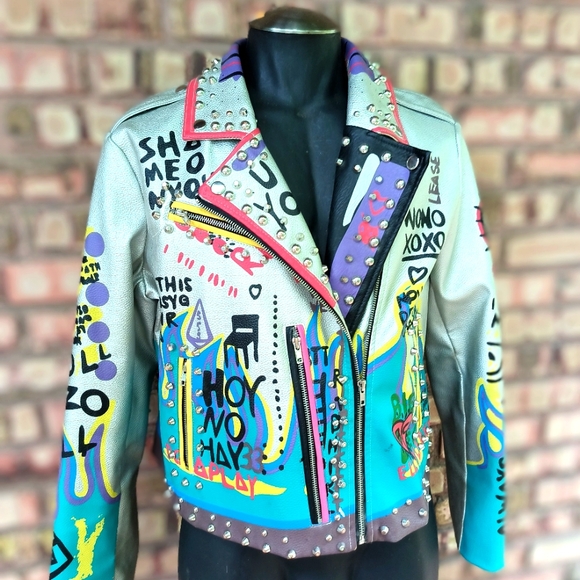 Vintage Jackets & Blazers - Robert Phillipe Graphic Cropped Jacket Faux Leather Biker Rocker Studded XL